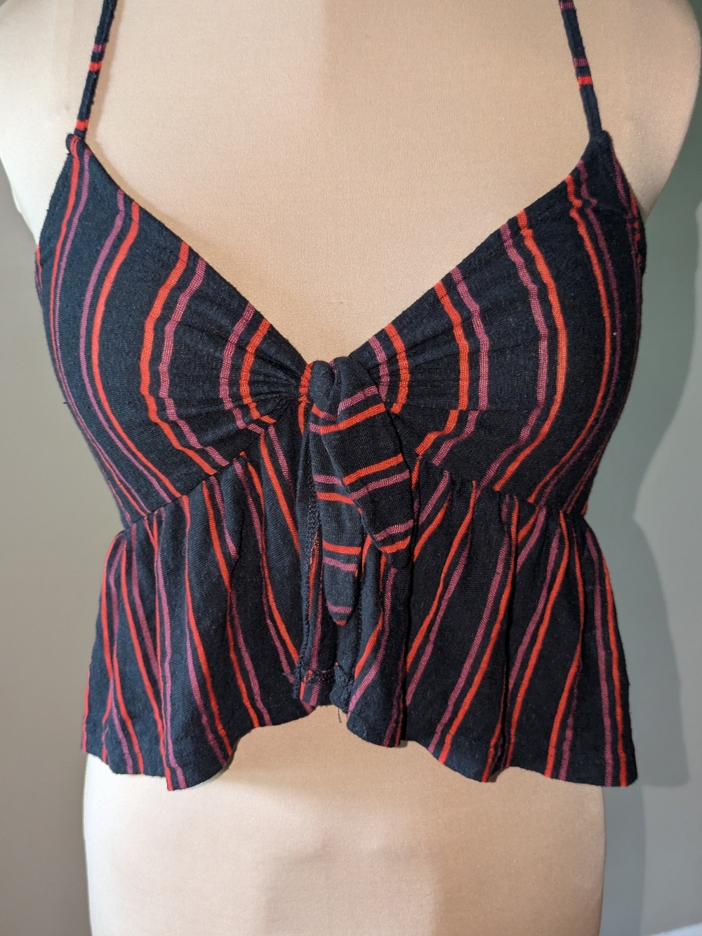 Topshop Black Cami with Red & Pink Stripes and Front Tie